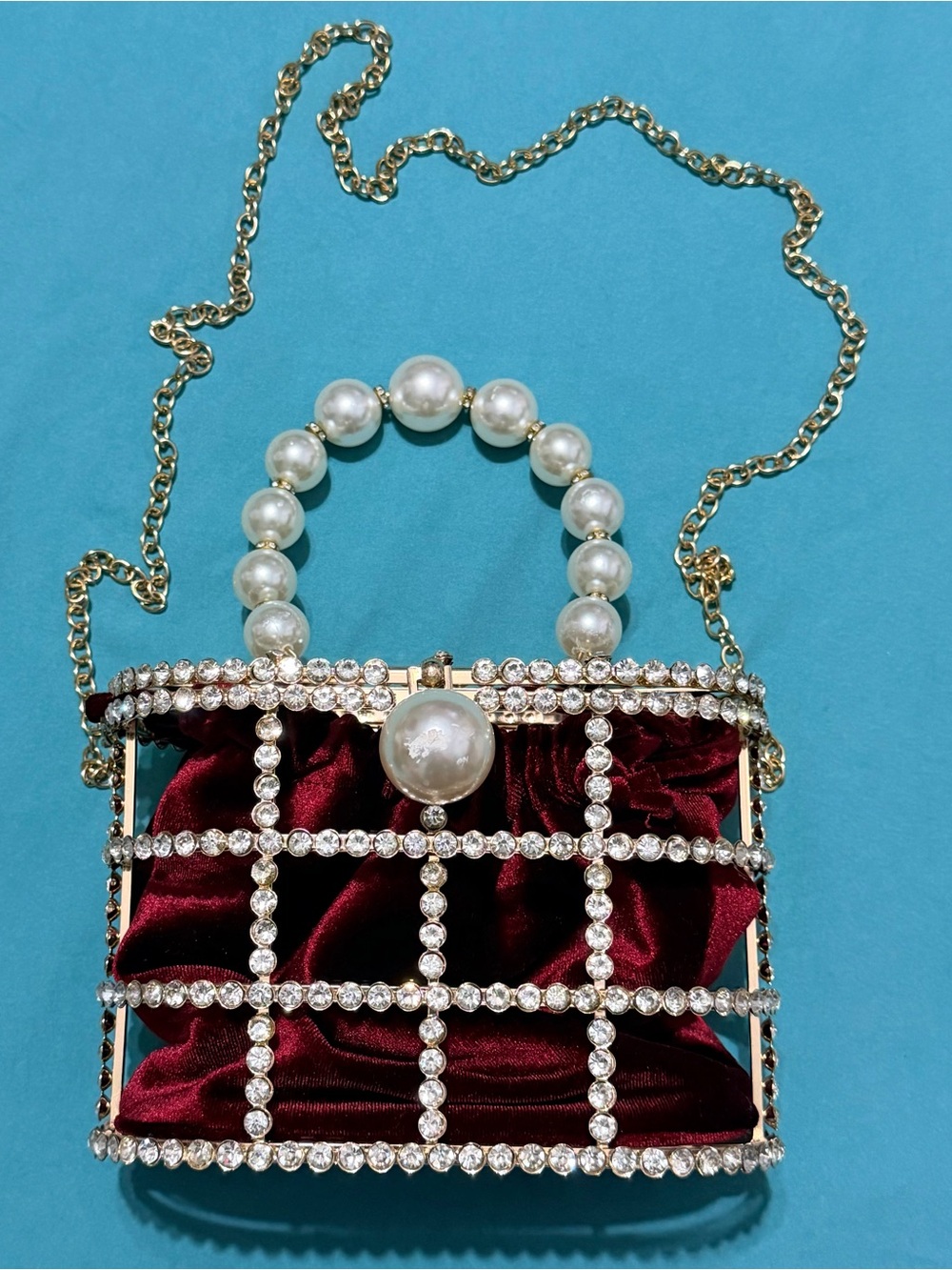 CARIEDO Rhinestone Pearl Cage Evening Bag Clutches with Velvet Pouch